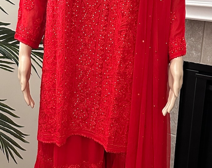 Lucknow Chikankari Red Sharara with Short Kurti / Fine Georgette with Mukaish /Liner Included / Free Shipping In US