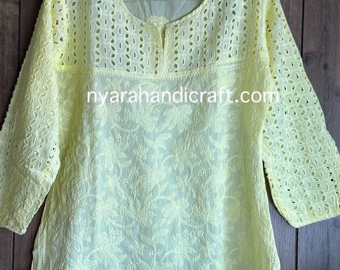 Yellow Chikankari Pure Cotton Blouse  / Short Kurti / Hand Embroidered /Free Shipping in US