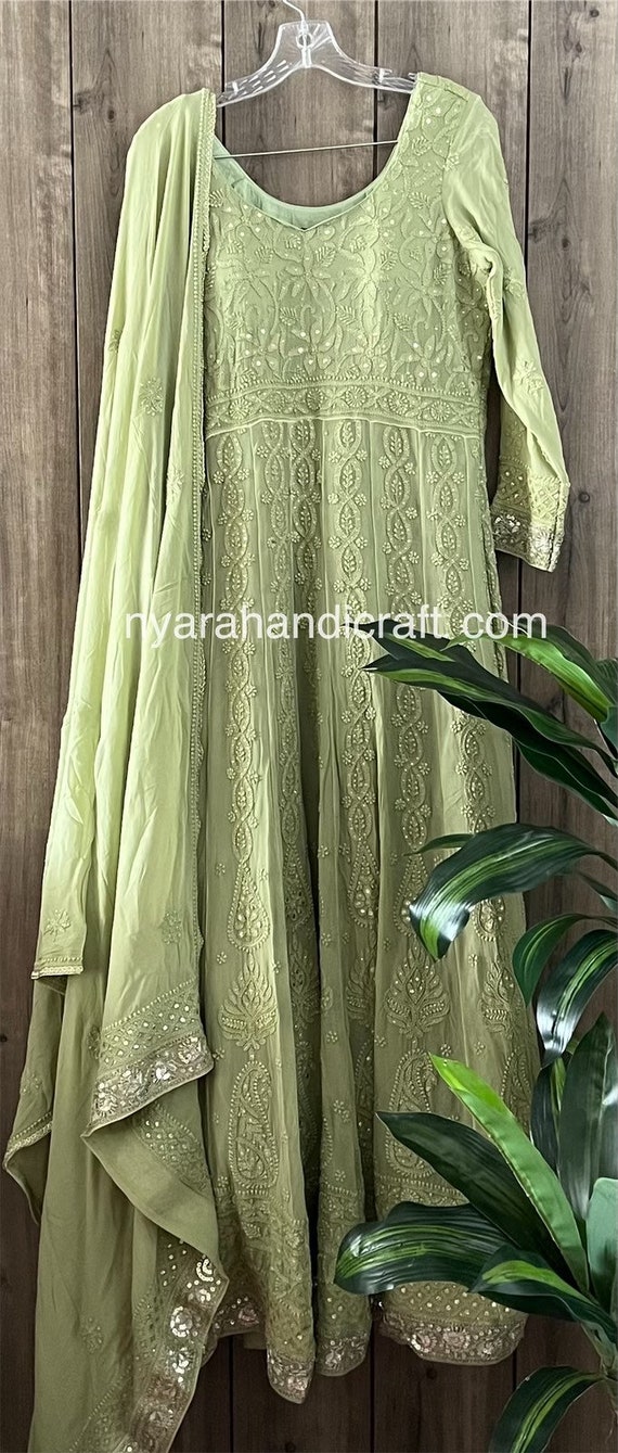 green emerald velvet dress Women's Lakhnavi Handcrafted Faux-Georgette Chikankari Anarkali Dress main image 1