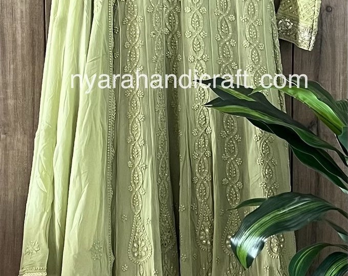 CUSTOMIZABLE Green Chikankari Anarkali and Dupatta / Fine Georgette / Free Shipping in US