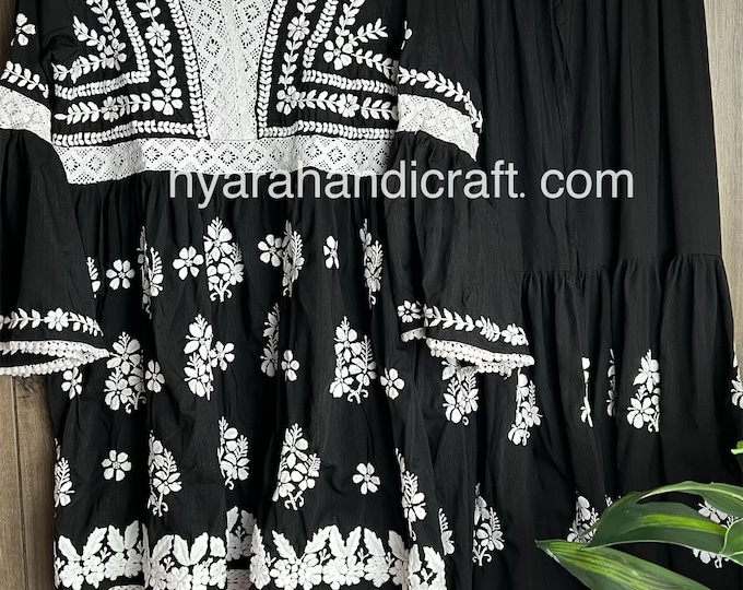 Black Lucknow Chikankari Short Kurta and Sharara / Free Shipping