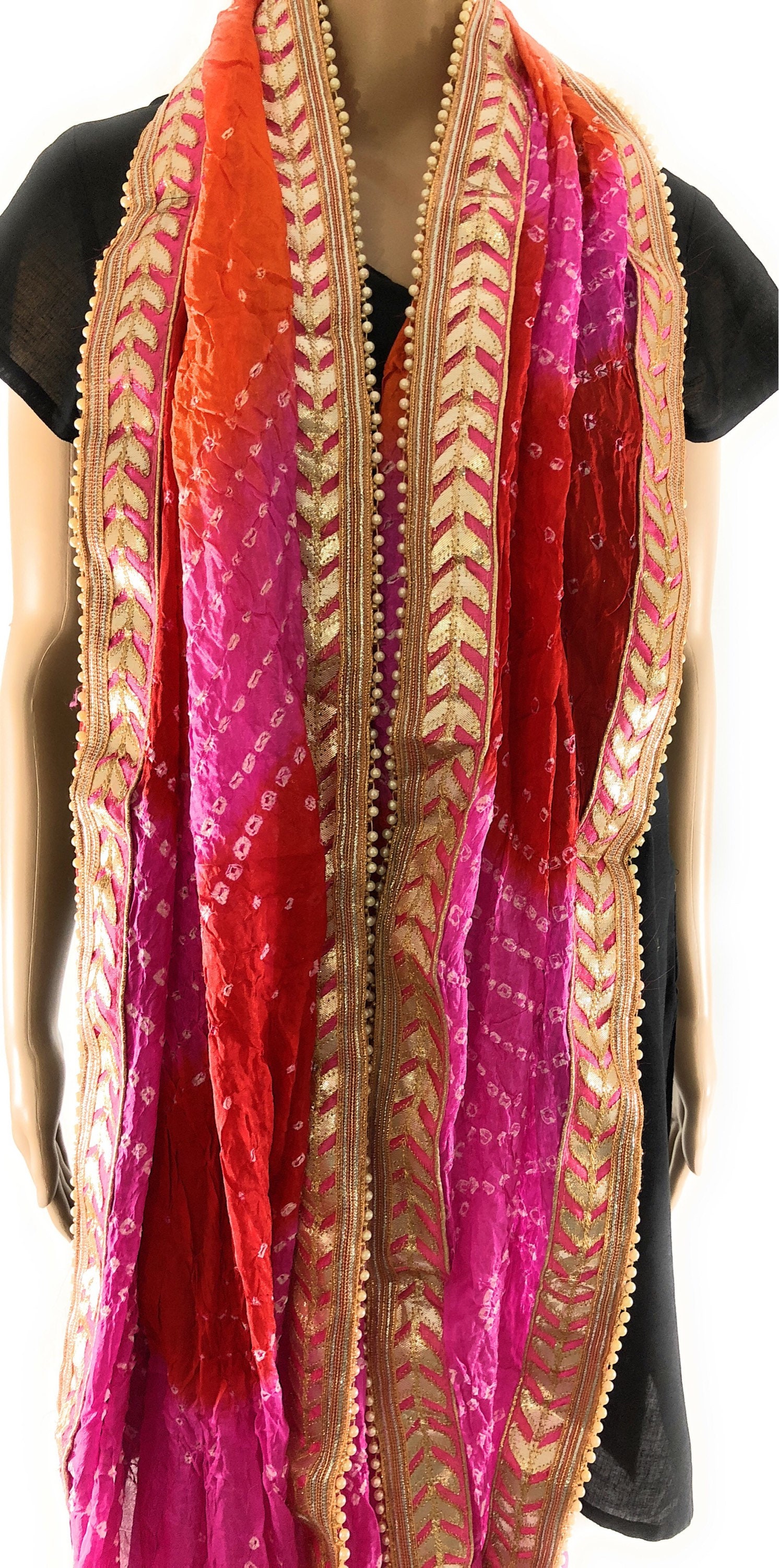 Tie and Dye Stole, Bandhej/Bandhani Dupatta on faux Silk, Embellished