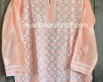 Chikankari Short Peach Blouse / Kurti / Soft Cotton / Hand Embroidered /Free Shipping in US