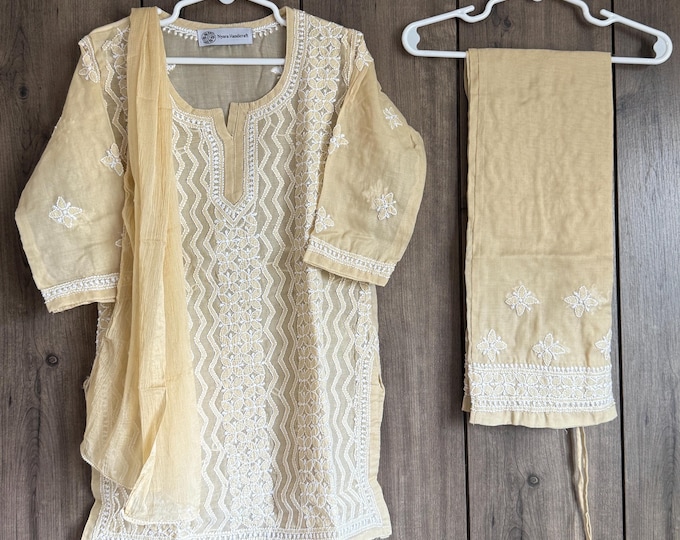 Beige Chikankari Girls Kurta Pants Set / Soft Cotton /Free Shipping in US