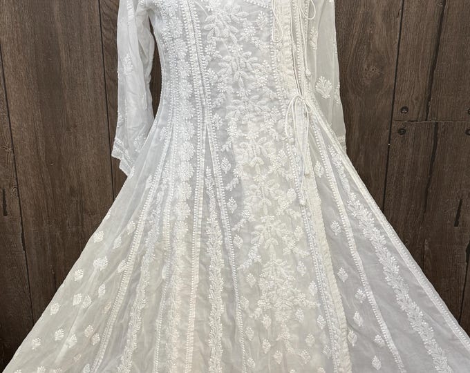 Lucknow Chikankari White Angarkha Soft Cotton /hand embroidered/FREE SHIPPING in US