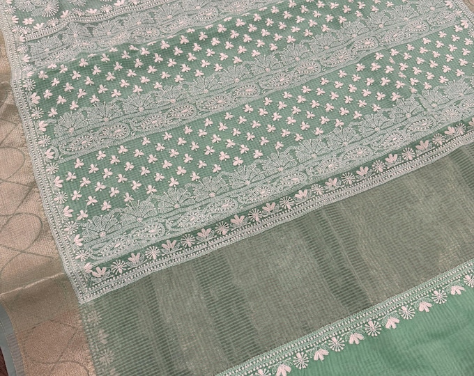 Sea Green Banarasi Chikankari Saree on Pure Chanderi / Petticoat included and Fall Attached/Free Shipping in US