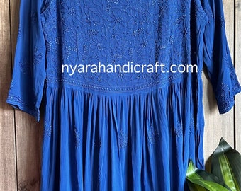 Blue Chikankari Short Top on Fine Georgette/ Liner included/ Free Shipping in US