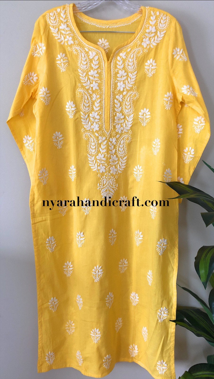 Yellow Chikankari Kurta Pure Cotton/Free Shipping in US