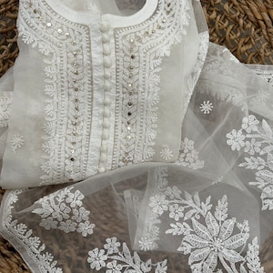 Lucknow Chikankari White Organza Kurta  Organza /Includes liner/Free Shipping in US
