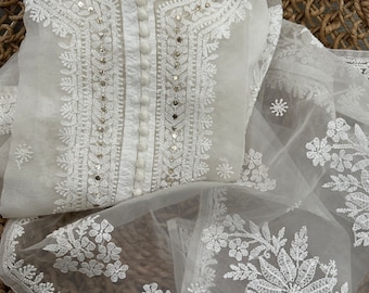 Lucknow Chikankari White Organza Kurta  Organza /Includes liner/Free Shipping in US