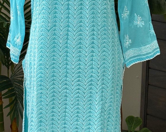 Blue Chikankari Georgette Kurta / Liner Included / Free Shipping in US