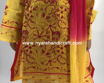 Chikankari Pure Cotton Yellow Pink Kurta Set for Girls/ Free Shipping