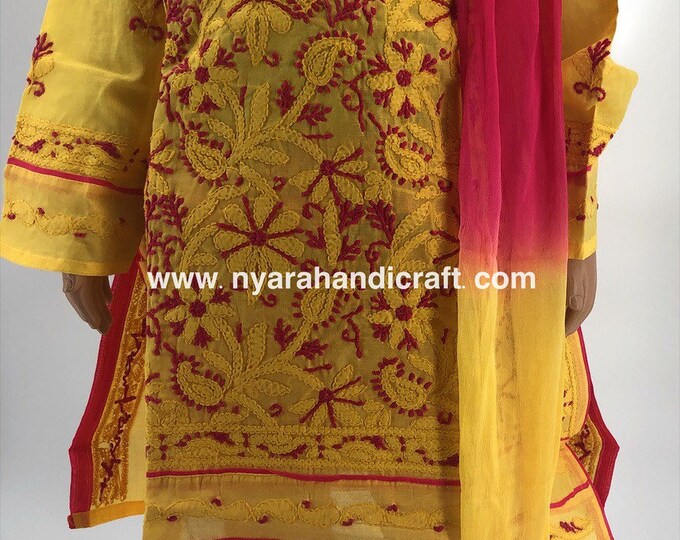 Chikankari Pure Cotton Yellow Pink Kurta Set for Girls/ Free Shipping