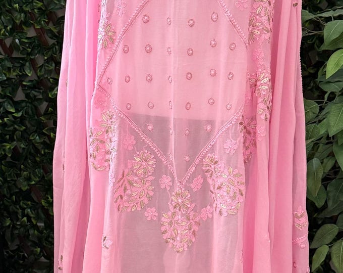Lucknow Chikankari Pink Dupatta with Gota / Fine Georgette/Free Shipping in US