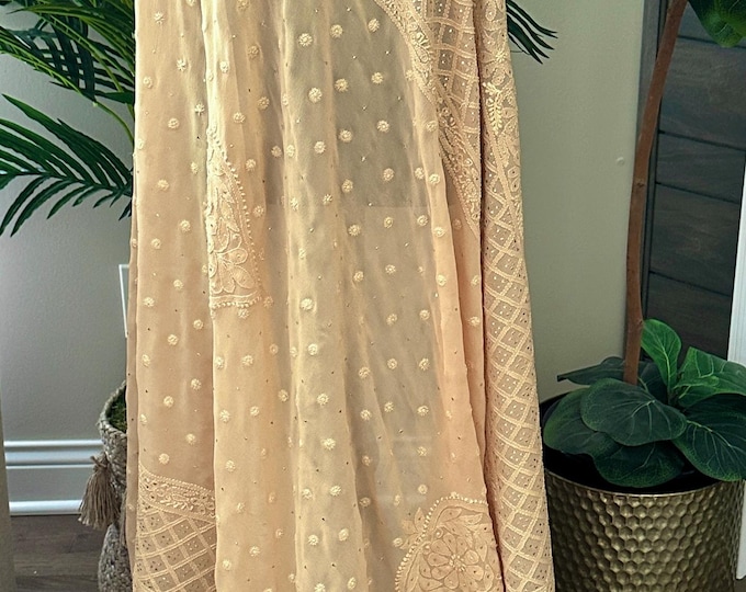 Chikankari Beige Pure Georgette Dupatta with Mukaish / Free Shipping in US