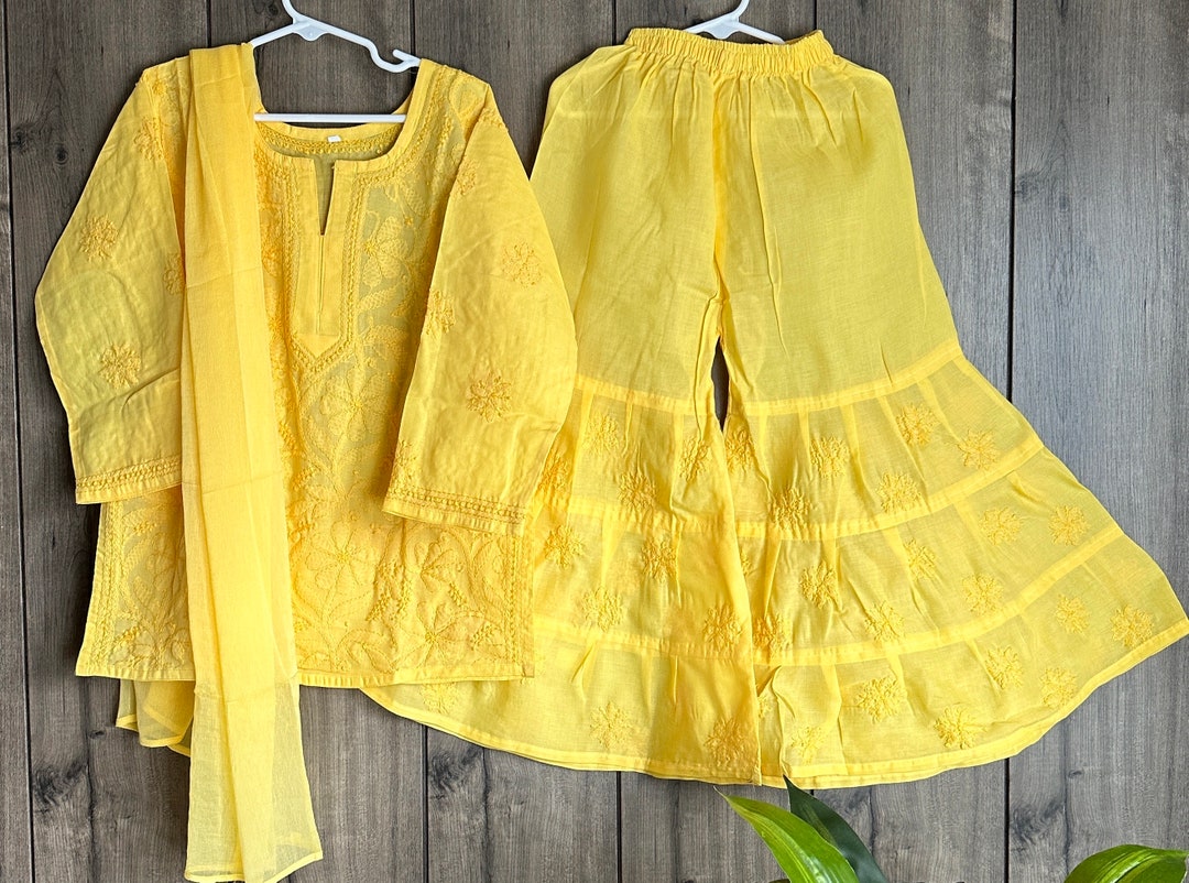 Girls Yellow Cotton Kurta with Sharara set with Dupatta main image 1