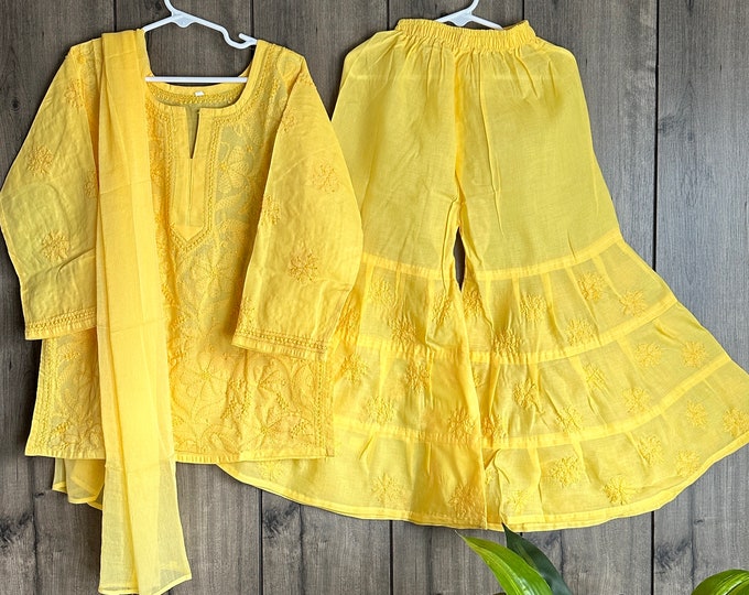 Girls Yellow Short Kurta and Sharara Set / Soft Cotton /Free Shipping in US