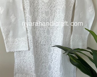 Lucknow Chikankari White Kurta /Hand Embroidered/FREE SHIPPING in US