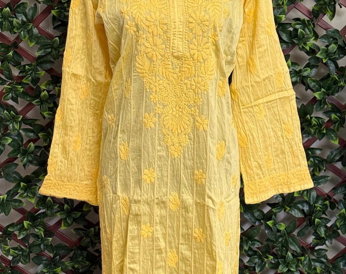 Yellow Chikankari Kurta / Crushed Cotton Silk / Hand Embroidered /Free Shipping in US