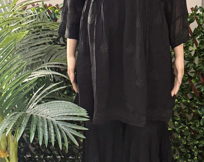 Black Chikankari Sharara with Short Kurti | Fine Georgette |Liner Included | Ships from Ohio