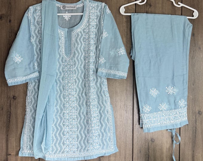 Blue Gray Chikankari Girls Kurta Pants Set / Soft Cotton /Free Shipping in US