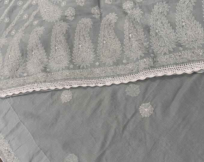 Gray Chikankari Cotton Saree /Fall and Petticoat Included / Free Shipping in US