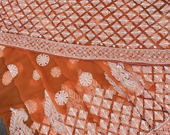 Chikankari Saree on Georgette / Peachy Orange /Petticoat included /Free Shipping in US