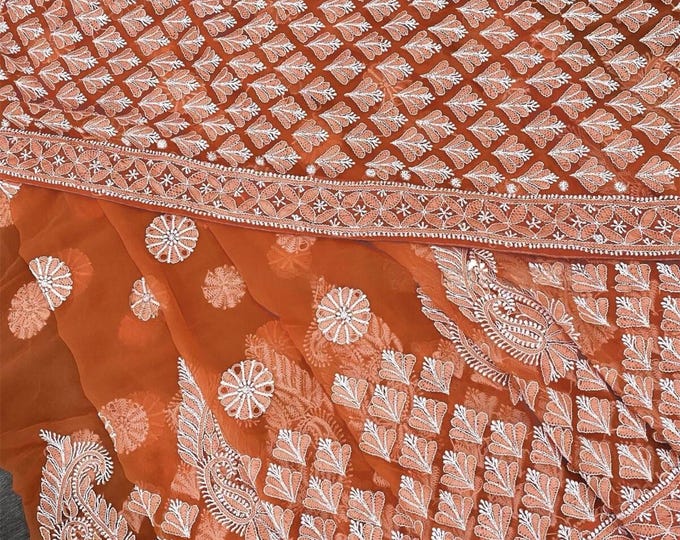 Chikankari Saree on Georgette / Peachy Orange /Petticoat included /Free Shipping in US