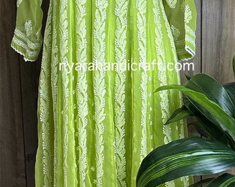 Lime Green Lucknow Chikankari Anarkali / Liner Included /FREE SHIPPING