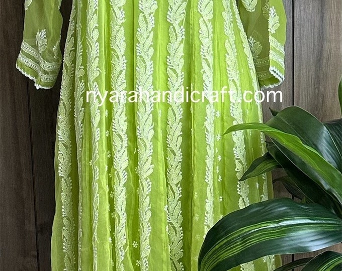 Lime Green Lucknow Chikankari Anarkali / Liner Included /FREE SHIPPING