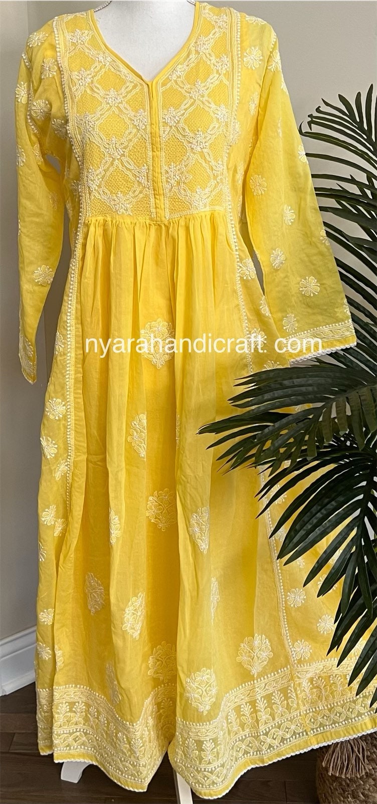 Yellow Kurti With Embroidery And Gathered, 48% OFF