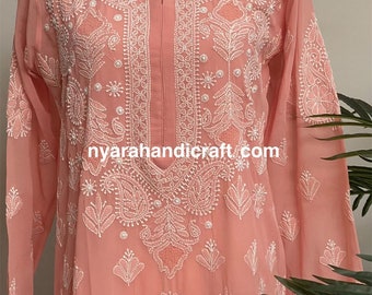 Lucknow Chikankari Peach Kurta on georgette/ Includes liner/Free Shipping in US