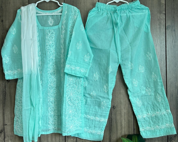 Sea Green Chikankari Girls Kurta Pants Set / Soft Cotton /Free Shipping in US