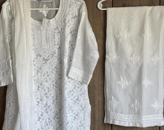 White Chikankari Girls Kurta Pants Set / Soft Sheer Cotton /Free Shipping in US