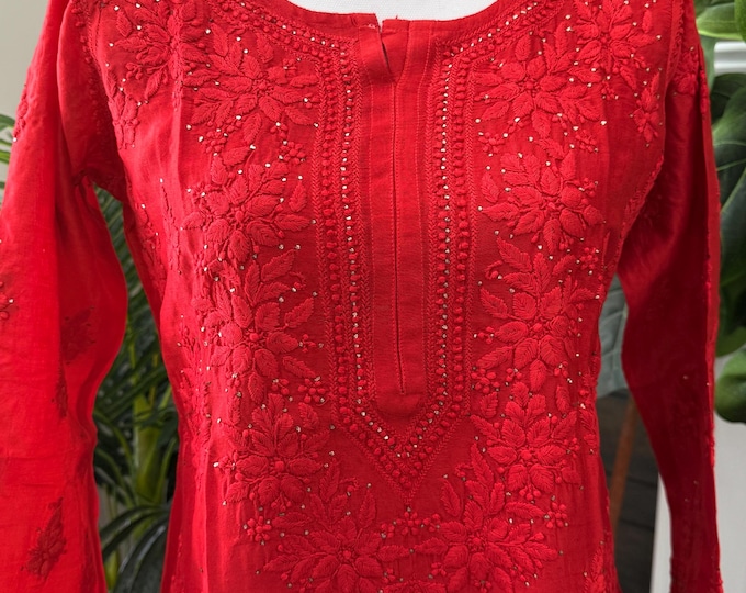 Red Lucknow Chikankari Pure Chanderi Silk by Cotton Kurta / Free Shipping in US