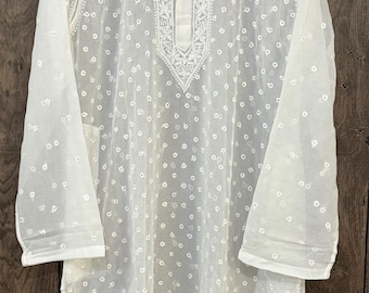 Men's Georgette White Kurta / Hand Embroidered Chikankari / Free Shipping in US