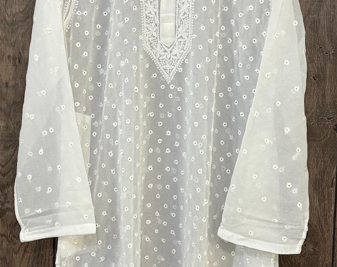 Men's Georgette White Kurta / Hand Embroidered Chikankari / Free Shipping in US