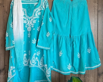 Girls Aqua Blue Kurta Palazzo Chikankari Set /Soft Modal Cotton /Free Shipping in US