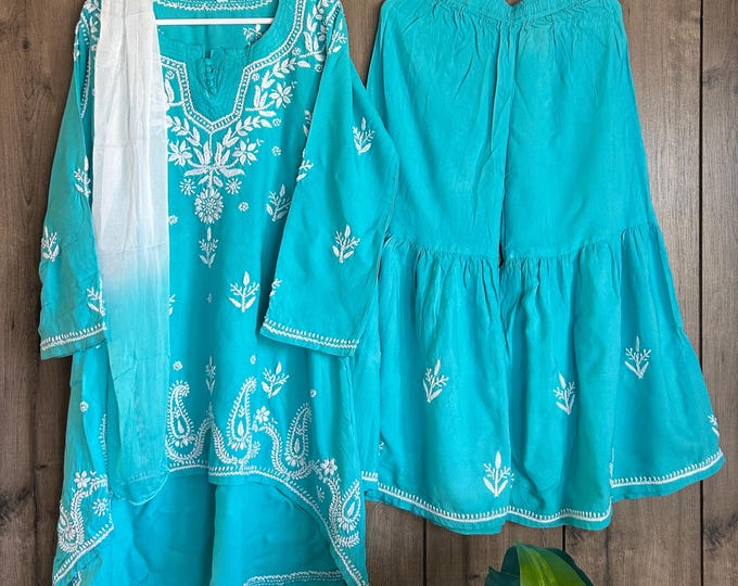 Girls Aqua Blue Kurta Palazzo Chikankari Set /Soft Modal Cotton /Free Shipping in US