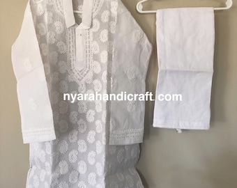 Boys pure cotton White Kurta Pajama set with Chikankari hand embroidery/ Free Shipping