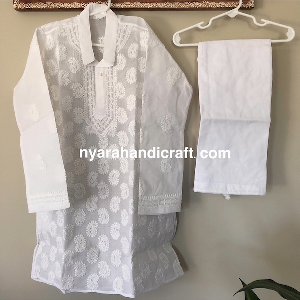 Boys pure cotton White Kurta Pajama set with Chikankari hand embroidery/ Free Shipping