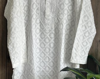 White Chikankari Kurta for Men / Soft Cotton Hand Embroidered/ Free Shipping in US