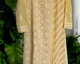 Lucknow Chikankari Pale Yellow Kurta /  Soft Malmal Cotton /Free Shipping in US