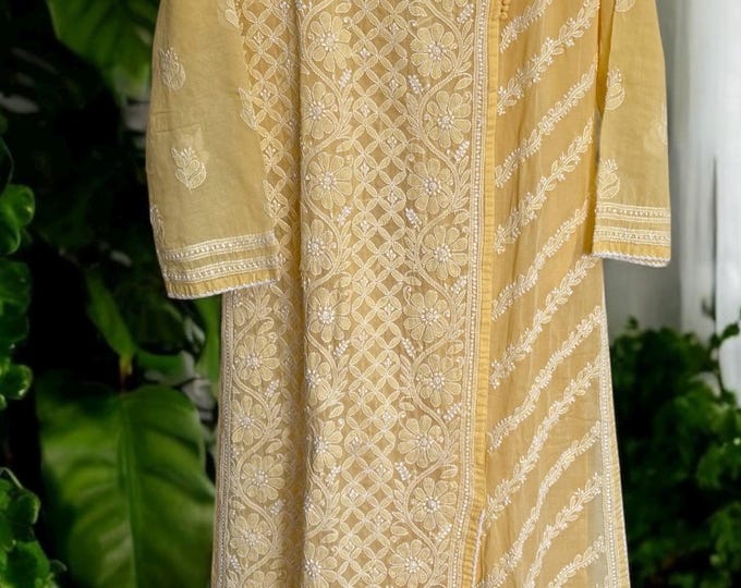 Lucknow Chikankari Pale Yellow Kurta /  Soft Malmal Cotton /Free Shipping in US