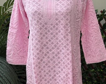 Chikankari Short Pink Blouse Kurti with All Over Embroidery / Fine Georgette /Free Shipping in US