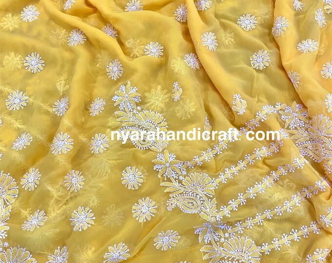 Yellow Chikankari Saree /Fall and petticoat included/ Free Shipping