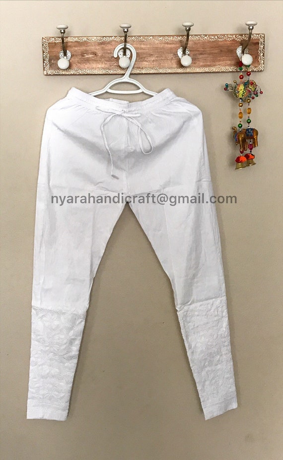 Lucknow Chikankari stretchable cotton ankle length Pants with hand  embroidery/FREE SHIPPING in US