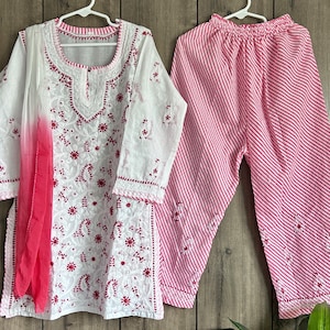 Conjunto de kurta palazzo blanco y rojo para niñas, algodón suave, envío gratuito en EE. UU.
