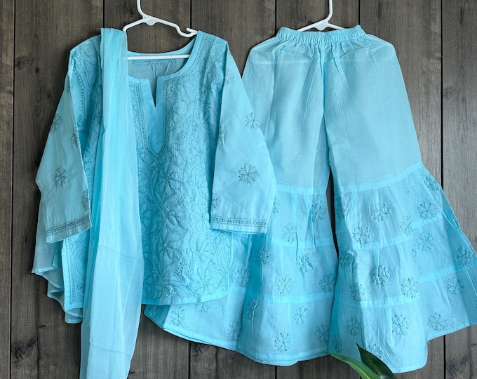 Girls Blue Short Kurta and Sharara Set / Soft Cotton /Free Shipping in US