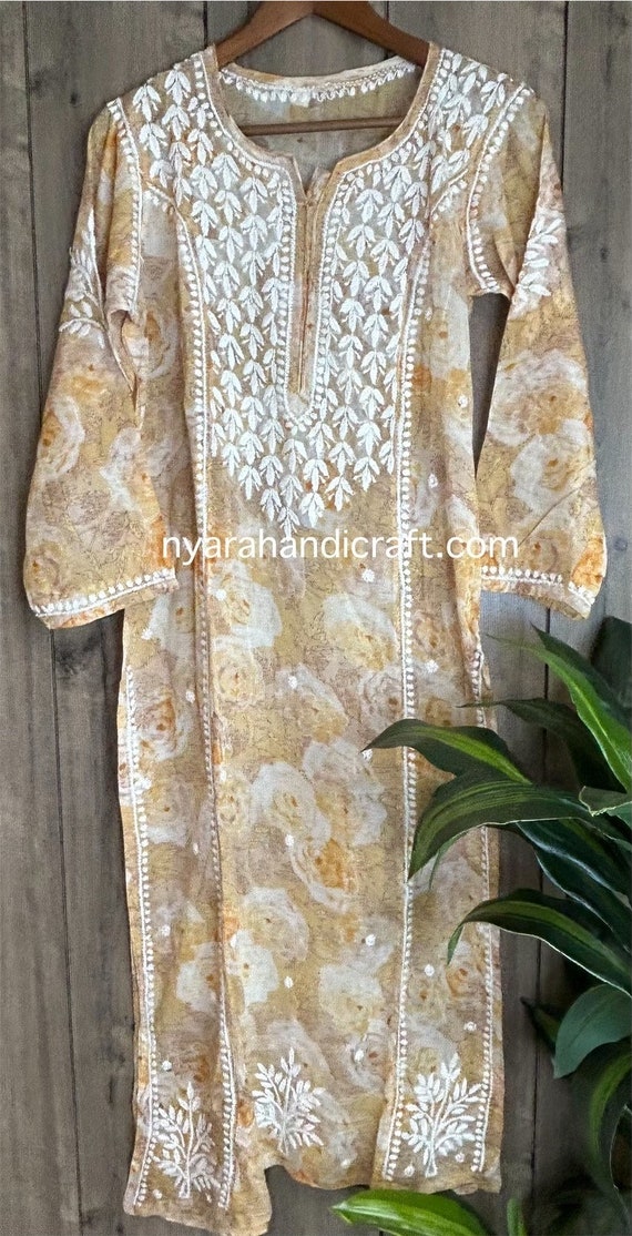 Beige Floral Printed Chikankari Kurta On Soft Pure Cotton / in US